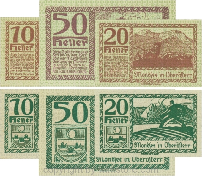sn109503 Mondsee, G0626l, Serie 10, 20 und 50 Heller, Vorderseite Unterdruck grün, Druck violett; 1-