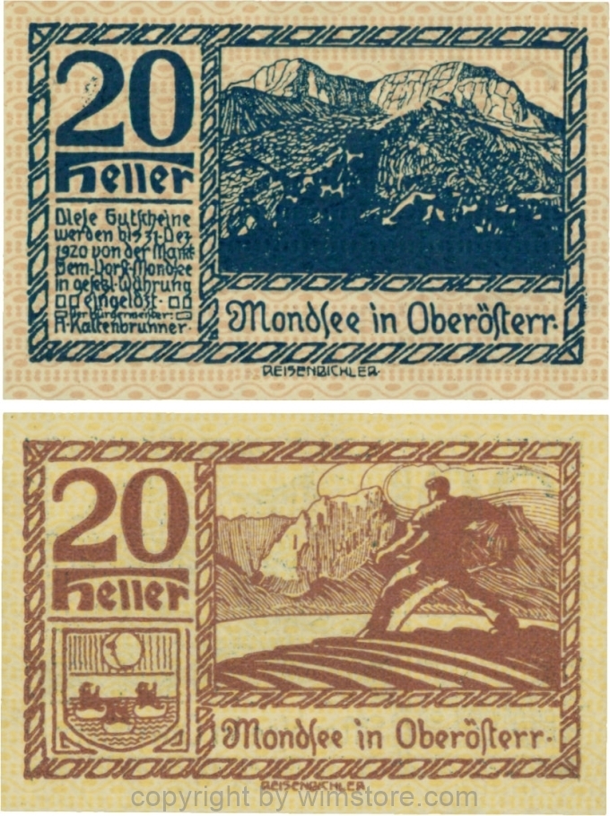 sn109506 Mondsee, G0626m, 20 Heller, Vorderseite Unterdruck rosa, Druck blau; 1