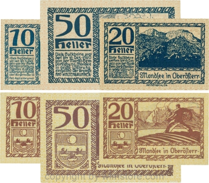 sn109510 Mondsee, G0626m, Serie 10, 20 und 50 Heller, Vorderseite Unterdruck rosa, Druck blau; 1