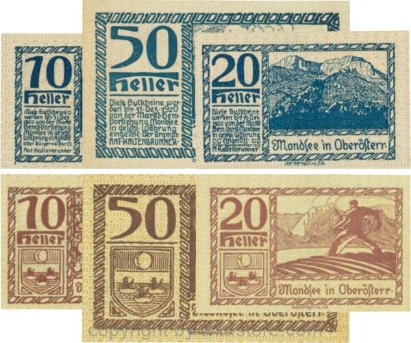 Mondsee, G0626m, Serie 10, 20 und 50 Heller, Vorderseite Unterdruck rosa, Druck blau; 1-