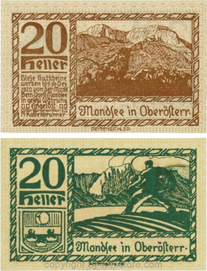 sn109514 Mondsee, G0626n, 20 Heller, Vorderseite Unterdruck rosa, Druck braun; 1
