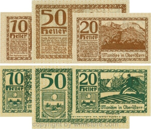 Mondsee, G0626n, Serie 10, 20 und 50 Heller, Vorderseite Unterdruck rosa, Druck braun; 1