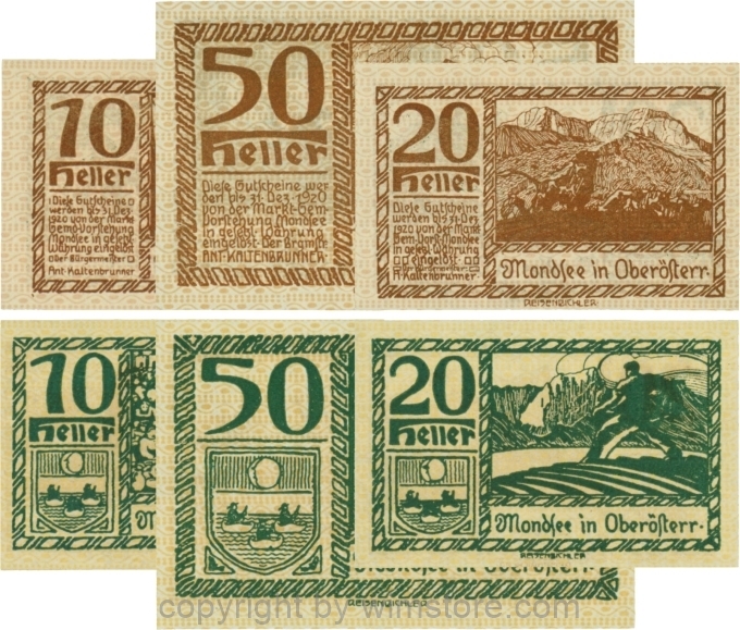 sn109517 Mondsee, G0626n, Serie 10, 20 und 50 Heller, Vorderseite Unterdruck rosa, Druck braun; 1