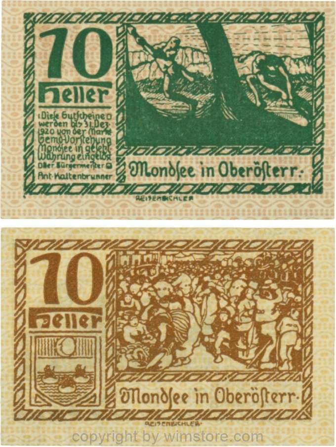 sn109519 Mondsee, G0626o, 10 Heller, Vorderseite Unterdruck rosa, Druck grün; 1-