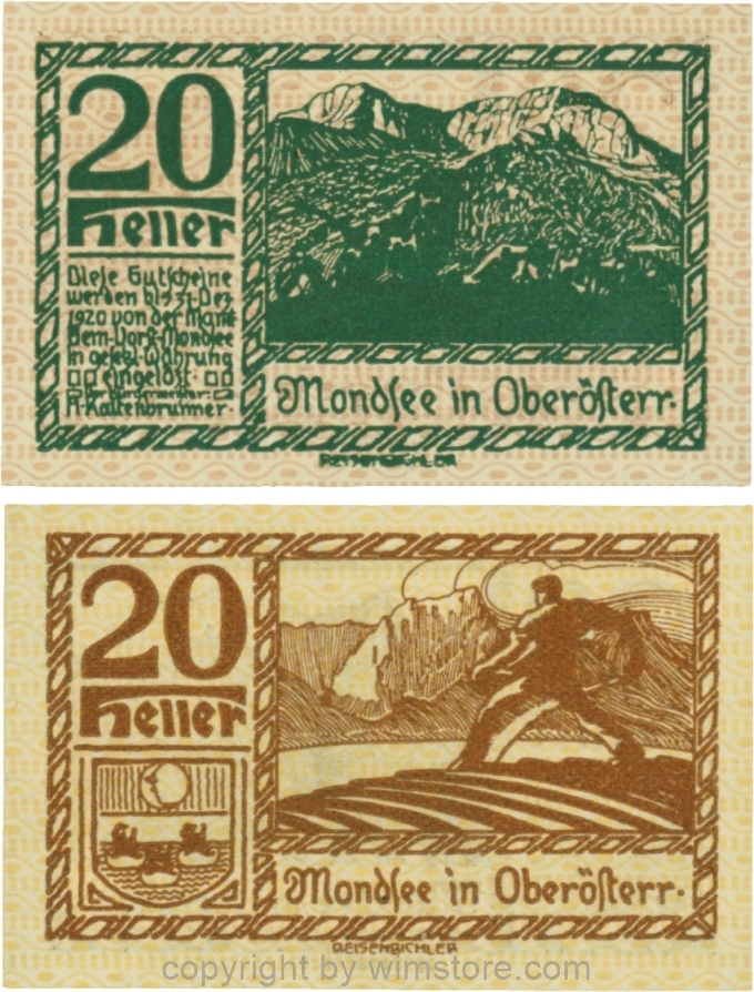 sn109520 Mondsee, G0626o, 20 Heller, Vorderseite Unterdruck rosa, Druck grün; 1