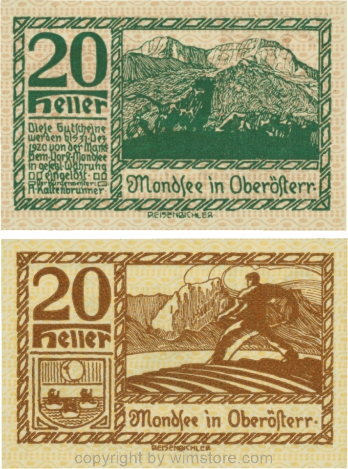 sn109521 Mondsee, G0626o, 20 Heller, Vorderseite Unterdruck rosa, Druck grün; 1-