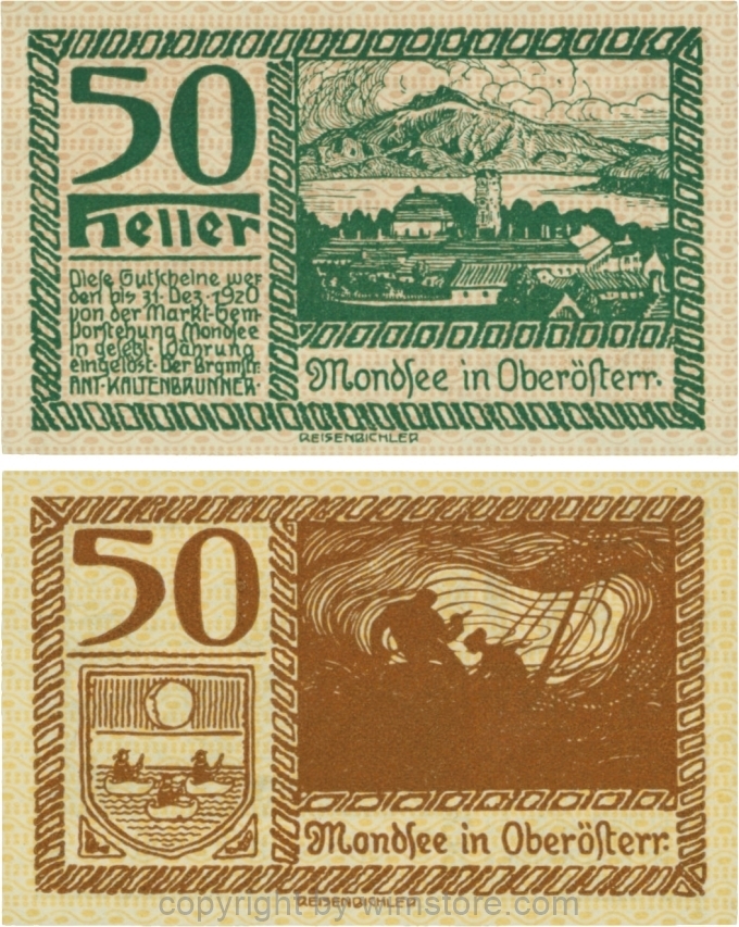 sn109522 Mondsee, G0626o, 50 Heller, Vorderseite Unterdruck rosa, Druck grün; 1