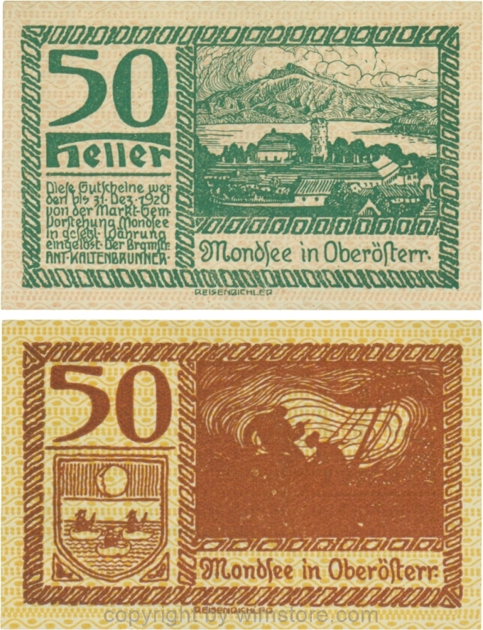 sn109523 Mondsee, G0626o, 50 Heller, Vorderseite Unterdruck rosa, Druck grün; 1-