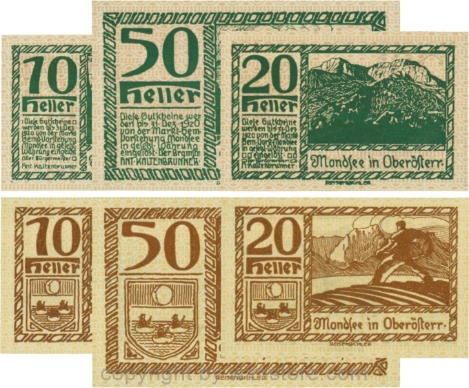 sn109524 Mondsee, G0626o, Serie 10, 20 und 50 Heller, Vorderseite Unterdruck rosa, Druck grün; 1
