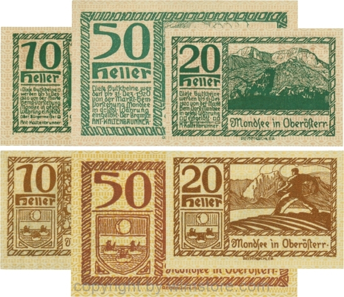 sn109525 Mondsee, G0626o, Serie 10, 20 und 50 Heller, Vorderseite Unterdruck rosa, Druck grün; 1-