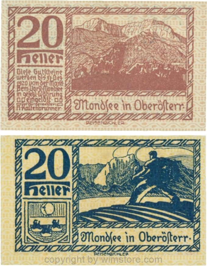 sn109528 Mondsee, G0626p, 20 Heller, Vorderseite Unterdruck rosa, Druck violett; 1