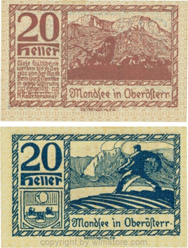 Mondsee, G0626p, 20 Heller, Vorderseite Unterdruck rosa, Druck violett; 1-