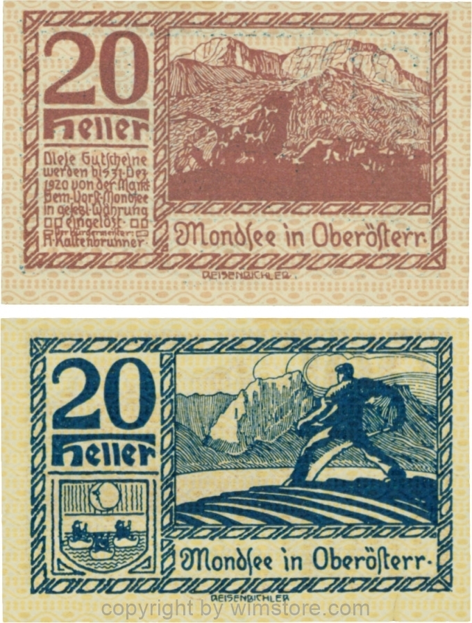 sn109529 Mondsee, G0626p, 20 Heller, Vorderseite Unterdruck rosa, Druck violett; 1-