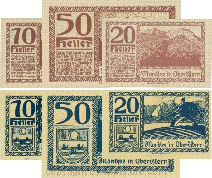 sn109532 Mondsee, G0626p, Serie 10, 20 und 50 Heller, Vorderseite Unterdruck rosa, Druck violett; 1