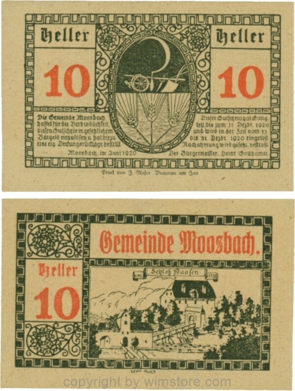 Moosbach, G0628Ia, 10 Heller, Vorderseite mit schlanker Wertzahl; 1