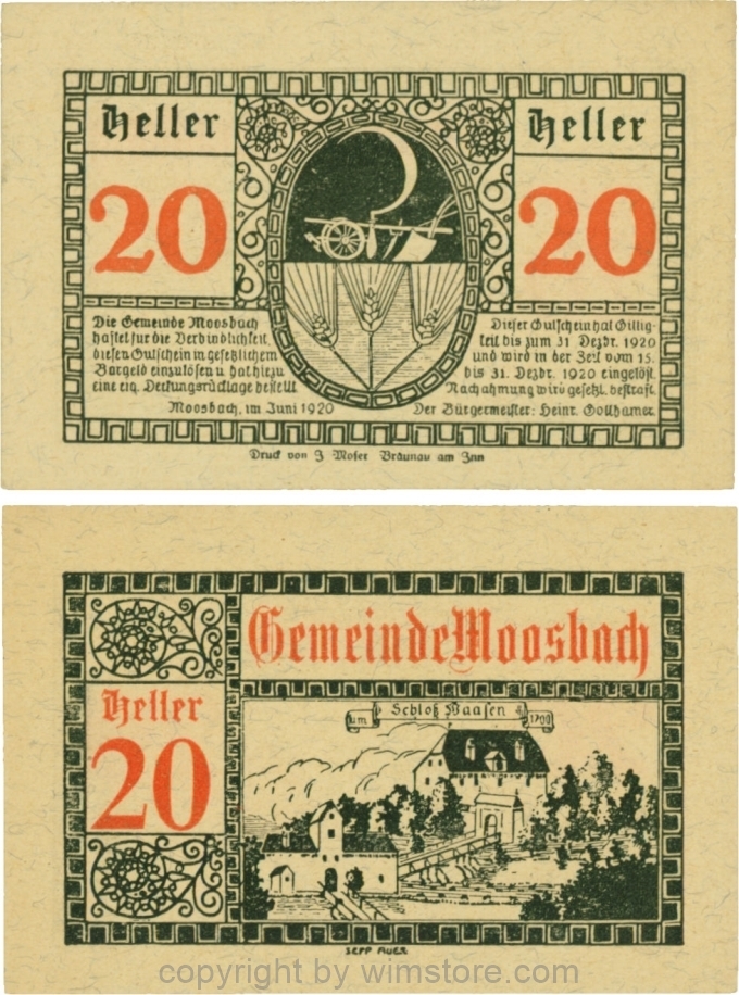 sn109543 Moosbach, G0628Ia, 20 Heller, Vorderseite mit schlanker Wertzahl; 1