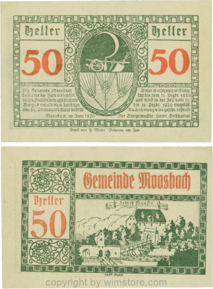 sn109546 Moosbach, G0628Ia, 50 Heller, Vorderseite mit schlanker Wertzahl; 1-