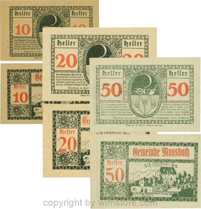 sn109548 Moosbach, G0628Ia, Serie 10, 20 und 50 Heller, Vorderseite mit schlanker Wertzahl; 1-