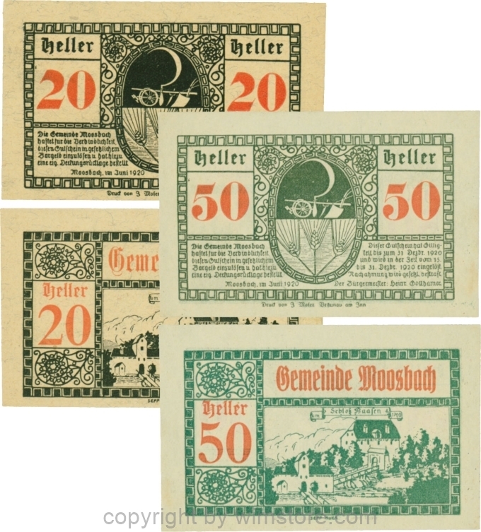 sn109554 Moosbach, G0628Ic, 20 und 50 Heller, Vorderseite mit dicker Wertzahl; 1