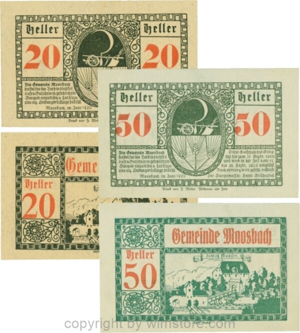 Moosbach, G0628Ic, 20 und 50 Heller, Vorderseite mit dicker Wertzahl; 1-