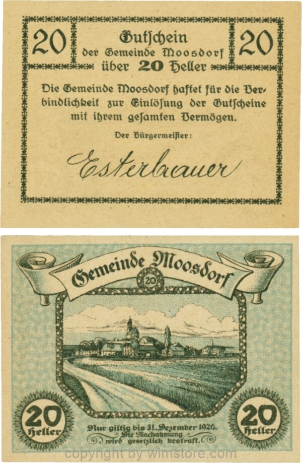 Moosdorf, G0628Aa, 20 Heller, Unterdruck blau; 1-