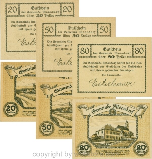 Moosdorf, G0628Ab, Serie 20, 50 und 80 Heller, Unterdruck braun; 1-