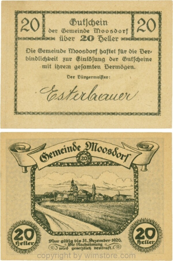 Moosdorf, G0628Ac, 20 Heller, Unterdruck grau; 1-
