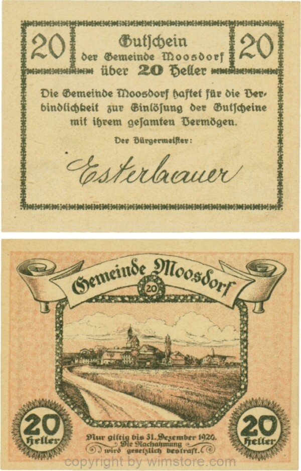 Moosdorf, G0628Ae, 20 Heller, Unterdruck rot; 1