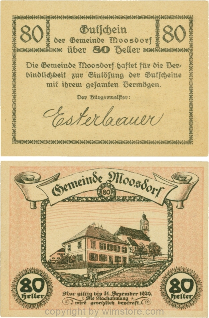 Moosdorf, G0628Ae, 80 Heller, Unterdruck rot; 1-