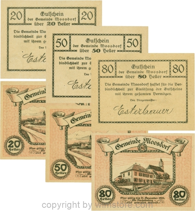 Moosdorf, G0628Ae, Serie 20, 50 und 80 Heller, Unterdruck rot; 1