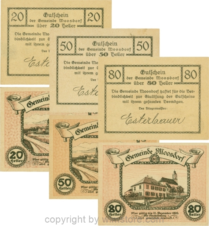 Moosdorf, G0628Ae, Serie 20, 50 und 80 Heller, Unterdruck rot; 1-