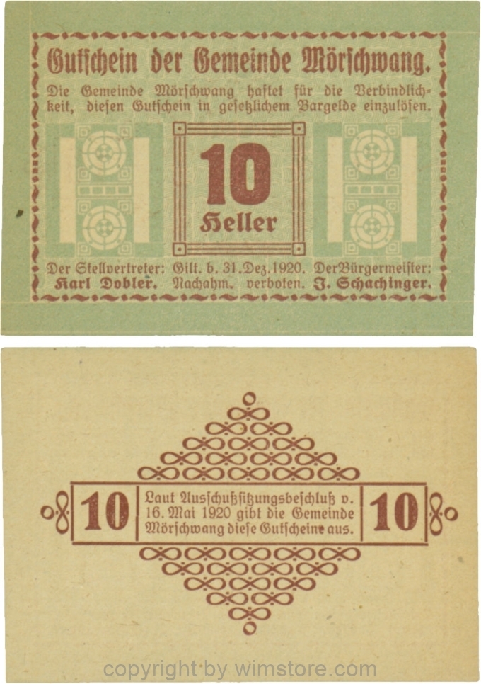 Mörschwang, G0629b, 10 Heller, die linke Randleiste beginnt und endet mit einem Punkt; 1-
