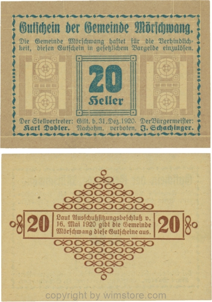 Mörschwang, G0629b, 20 Heller, die linke Randleiste beginnt und endet mit einem Punkt; 1
