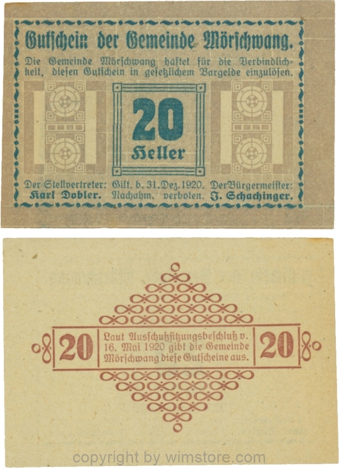 Mörschwang, G0629b, 20 Heller, die linke Randleiste beginnt und endet mit einem Punkt; 1-