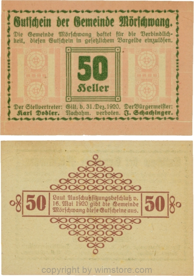 Mörschwang, G0629b, 50 Heller, die linke Randleiste beginnt und endet mit einem Punkt; 1-