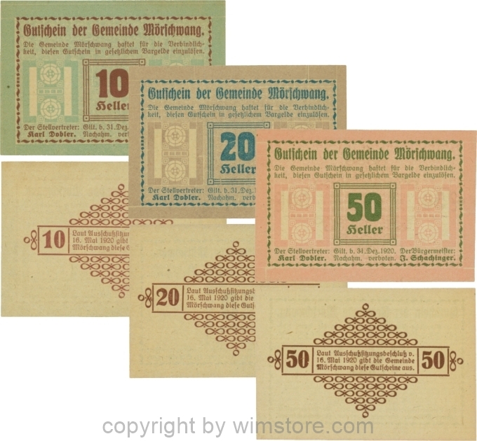 Mörschwang, G0629b, Serie 10, 20 und 50 Heller, die linke Randleiste beginnt und endet mit einem Punkt; 1
