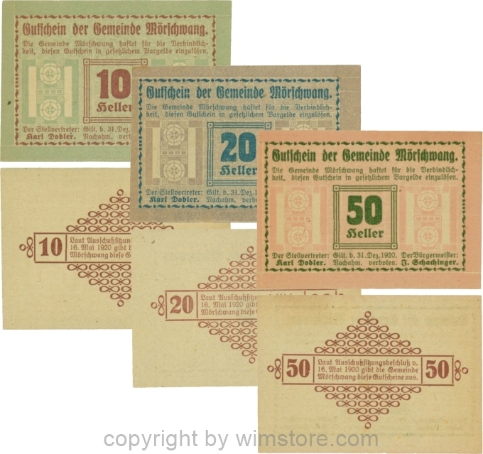 Mörschwang, G0629b, Serie 10, 20 und 50 Heller, die linke Randleiste beginnt und endet mit einem Punkt; 1-