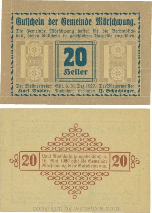 Mörschwang, G0629c, 20 Heller, die linke Randleiste beginnt mit einem Punkt und endet mit zwei Punkten; 1