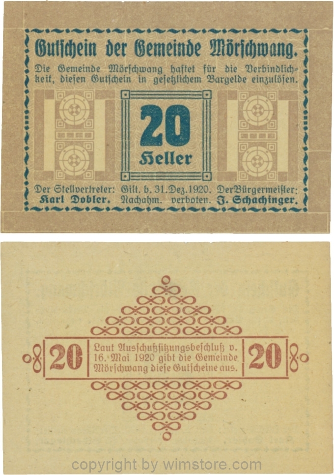 Mörschwang, G0629c, 20 Heller, die linke Randleiste beginnt mit einem Punkt und endet mit zwei Punkten; 1-