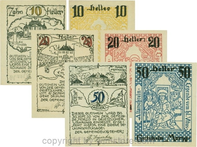 Morzg, G0630, Serie, 10, 20 und 50 Heller; 1-
