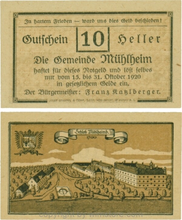 Mühlheim, G0631a, 10 Heller, Variante 01, In hartem Frieden, Dfa. latein, der Einser von 15 mit Fußstrich; 1