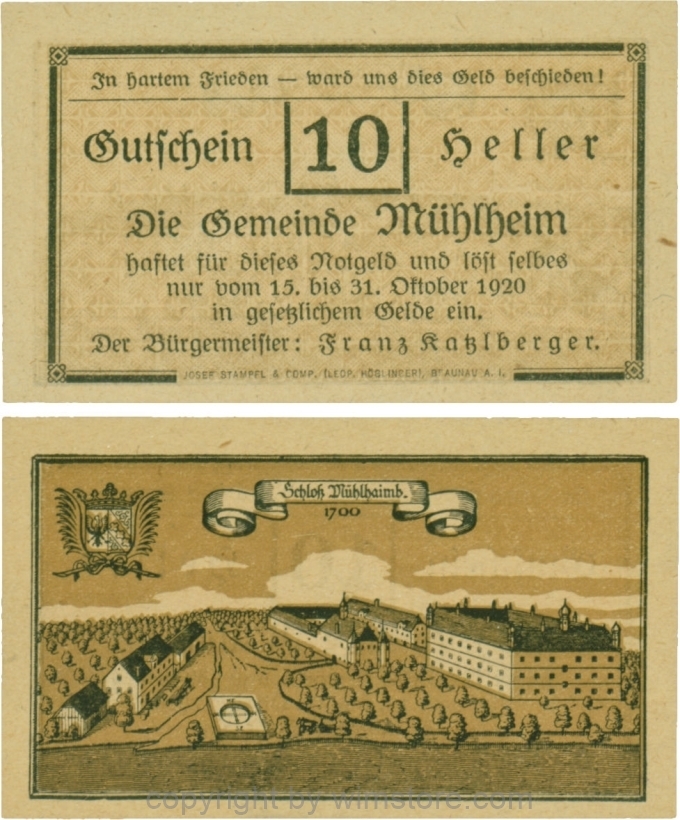 Mühlheim, G0631a, 10 Heller, Variante 01, In hartem Frieden, Dfa. latein, der Einser von 15 mit Fußstrich; 1