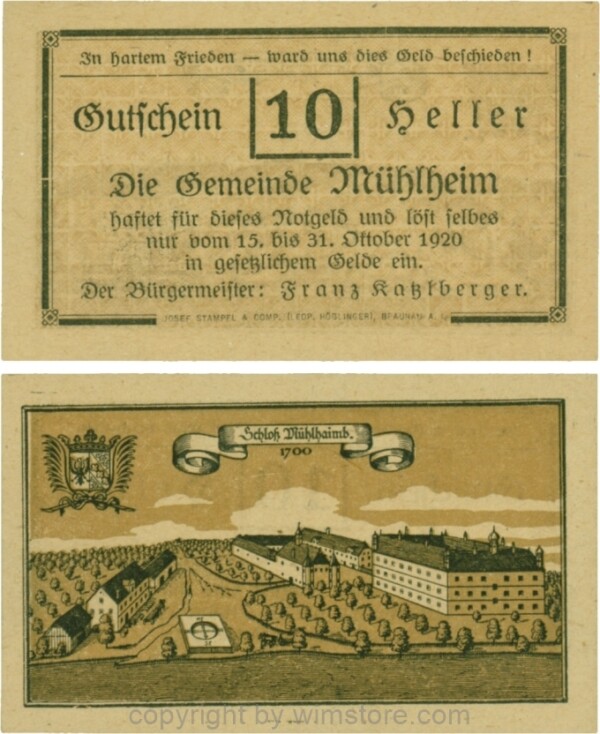 Mühlheim, G0631a, 10 Heller, Variante 01, In hartem Frieden, Dfa. latein, der Einser von 15 mit Fußstrich; 1-