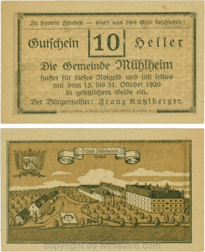 Mühlheim, G0631a, 10 Heller, Variante 09, In hartem Frieden, Dfa. latein, der Einser von 15 ohne Fußstrich; 1