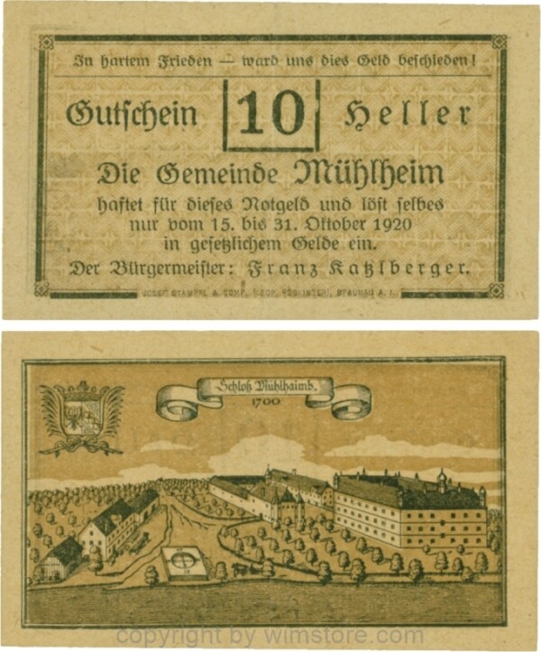 Mühlheim, G0631a, 10 Heller, Variante 09, In hartem Frieden, Dfa. latein, der Einser von 15 ohne Fußstrich; 1-