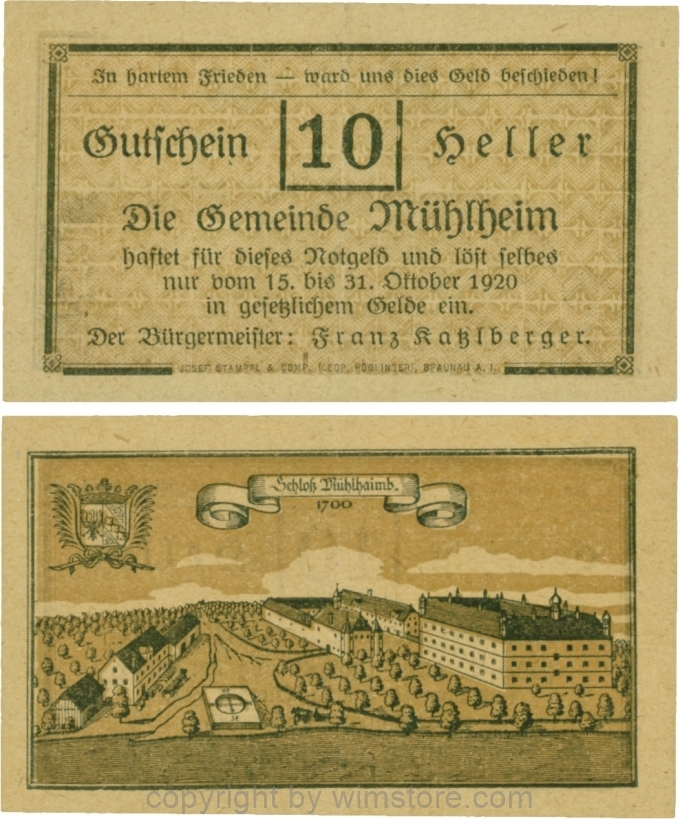 Mühlheim, G0631a, 10 Heller, Variante 09, In hartem Frieden, Dfa. latein, der Einser von 15 ohne Fußstrich; 1-