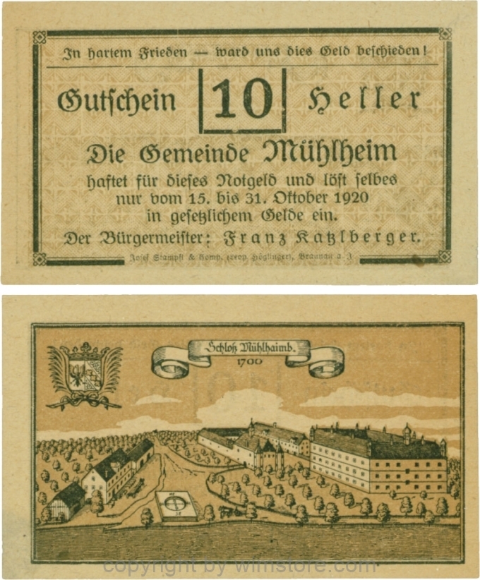 Mühlheim, G0631a, 10 Heller, Variante 19, In hartem Frieden, Dfa. kurrent, der Einser von 15 mit Fußstrich; 1-