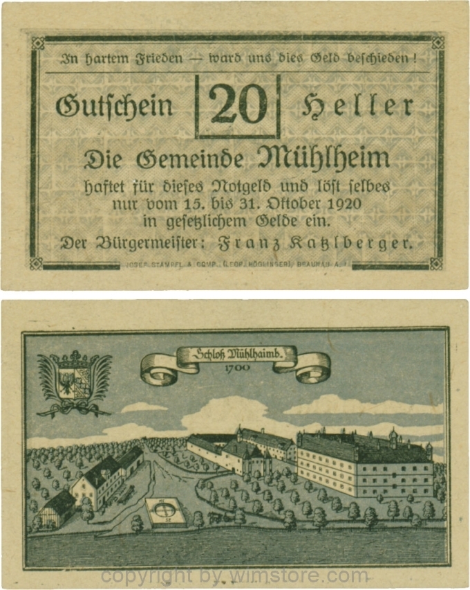 Mühlheim, G0631a, 20 Heller, Variante 02, In hartem Frieden, Dfa. latein, der Einser von 15 mit Fußstrich; 1-