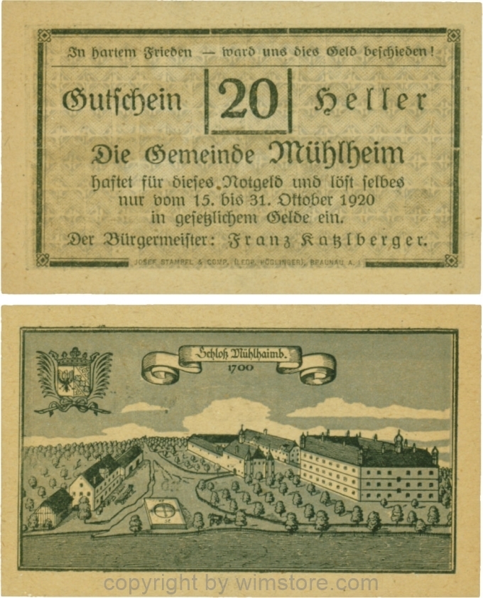 Mühlheim, G0631a, 20 Heller, Variante 10, In hartem Frieden, Dfa. latein, der Einser von 15 ohne Fußstrich; 1