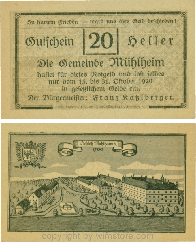 Mühlheim, G0631a, 20 Heller, Variante 10, In hartem Frieden, Dfa. latein, der Einser von 15 ohne Fußstrich; 1-